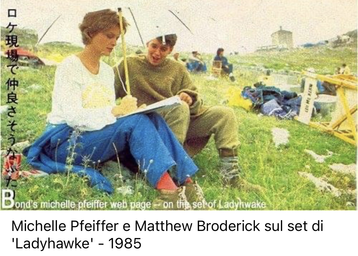 Michelle Pfeiffer e Matthew Broderick sul set di Ladyhawke - 1985